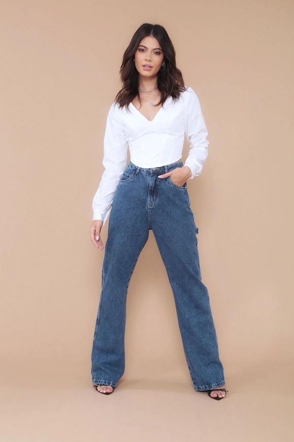Calça Jeans Reta Recorte Bolso
