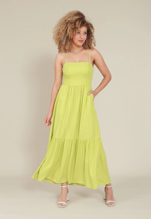 Vestido Midi Em Viscose Com Alça Recorte E Bolso