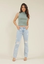 Calça Jeans Reta Jeans Cintura Média Com Rasgos