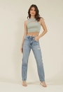 Calça Jeans Reta Cintura Alta Com Rasgo E Puído