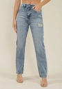 Calça Jeans Reta Cintura Alta Com Rasgo E Puído