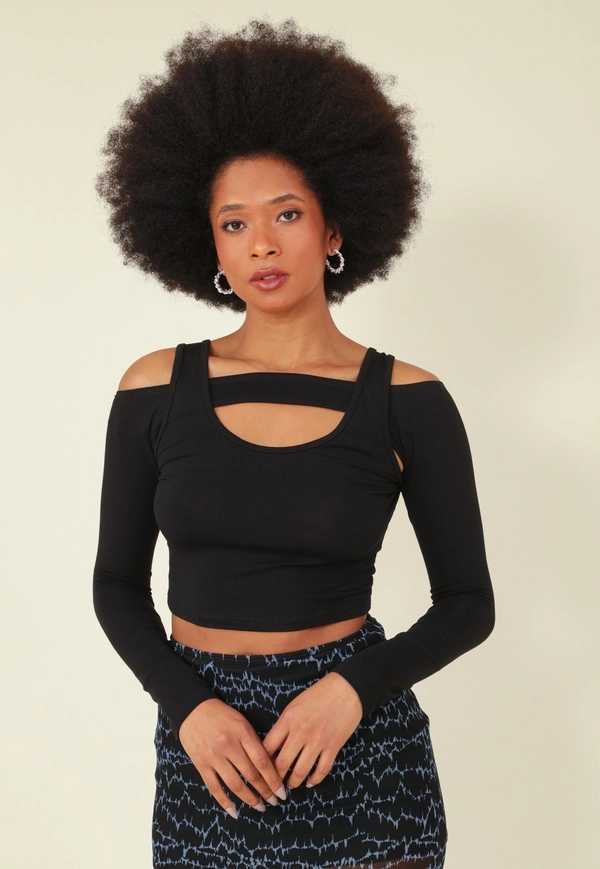 Blusa Cropped Com Recorte Vazado Em Viscolycra Manga Longa P