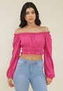 Blusa Cropped Manga Longa Em Viscolinho Ombro A Ombro Com Lastex