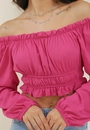 Blusa Cropped Manga Longa Em Viscolinho Ombro A Ombro Com Lastex