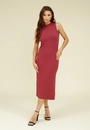 Vestido Midi Malha Canelada Gola Alta Sem Manga