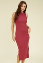 Vestido Midi Malha Canelada Gola Alta Sem Manga