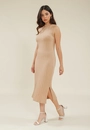 Vestido Midi Malha Canelada Gola Alta Sem Manga