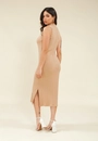 Vestido Midi Malha Canelada Gola Alta Sem Manga