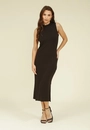Vestido Midi Malha Canelada Gola Alta Sem Manga
