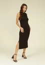 Vestido Midi Malha Canelada Gola Alta Sem Manga