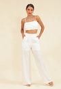 Calça Crepe Cetim Wide Leg Com Bolso Faca