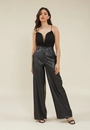 Calça Wide Leg Com Bolso Faca Em Couro Sintético