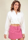 Camisa Tricoline Manga Longa Cropped Vazado Lateral
