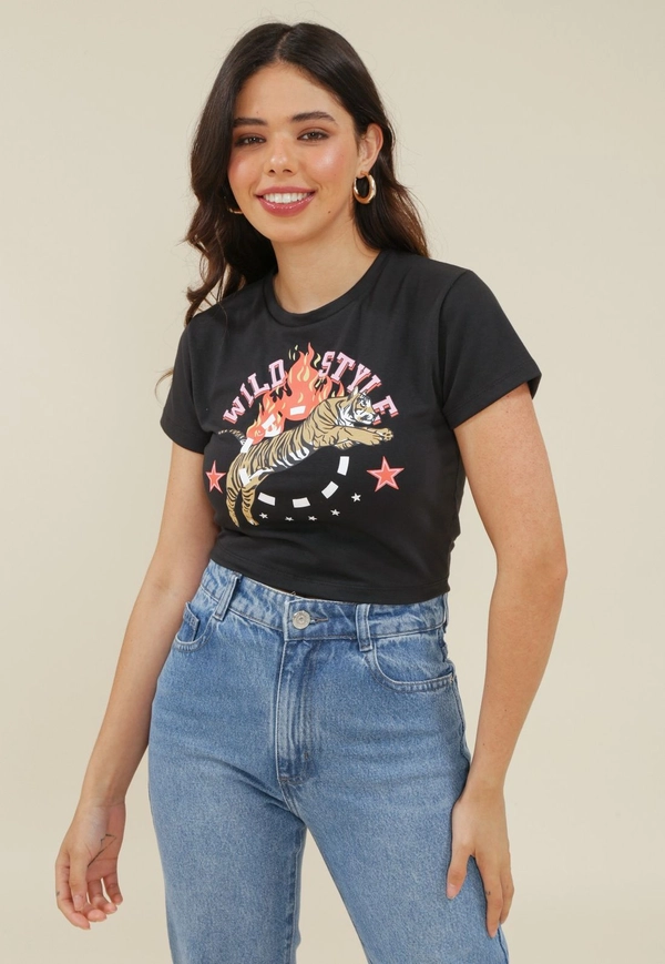 Blusa Cropped Em Cotton Com Manga Curta E Estampa Tigre Color