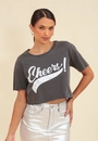 Blusa Cropped Estonado Com Silk Cheers Em Meia Malha
