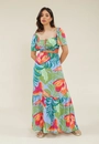 Vestido Viscose Longo Com Abertura Busto Estampada Arara