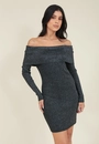Vestido Tricô Com Lurex Manga Longa Decote Ombro A Ombro