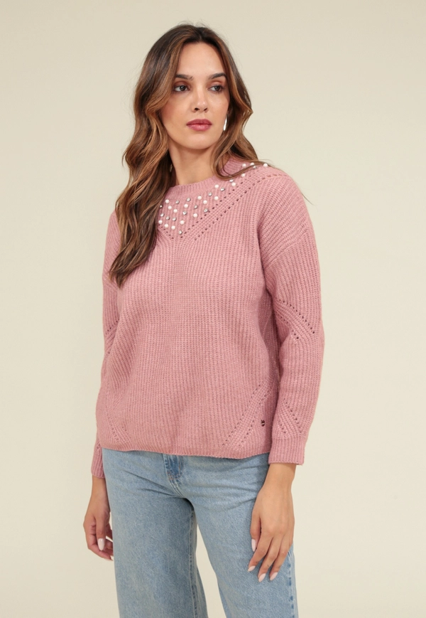 Blusa Tricô Oversized Manga Longa Com Pérolas E Cristal