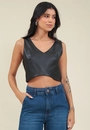 Cropped Pu Decote V E Zíper Costas