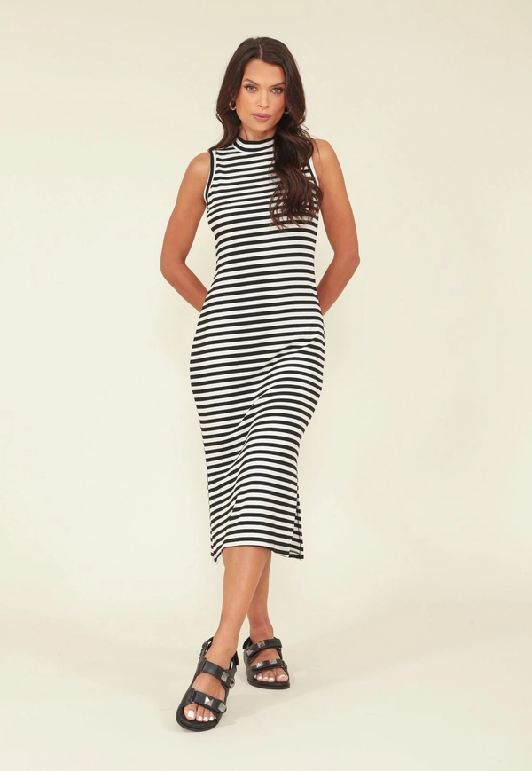 Vestido Midi Listrado Em Ribana Sem Manga Gola Alta