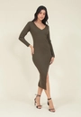 Vestido Midi Tricô Manga Longa Decote V Fenda