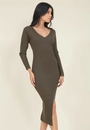 Vestido Midi Tricô Manga Longa Decote V Fenda