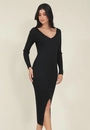 Vestido Midi Tricô Manga Longa Decote V Fenda
