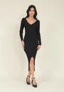 Vestido Midi Tricô Manga Longa Decote V Fenda