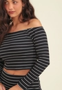 Blusa Ribana Listrada Manga Longa Com Decote Ombro A Ombro