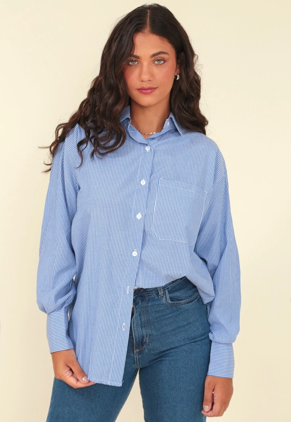Camisa Em Tricoline Listrada Oversized