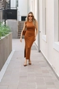 Vestido Midi Canelado Manga Muscle Tee Franzido Lateral