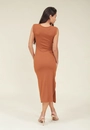 Vestido Midi Canelado Manga Muscle Tee Franzido Lateral