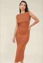 Vestido Midi Canelado Manga Muscle Tee Franzido Lateral