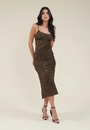 Vestido Midi Crepe Acetinado Estampa Animal Print Fenda