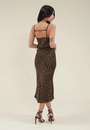 Vestido Midi Crepe Acetinado Estampa Animal Print Fenda