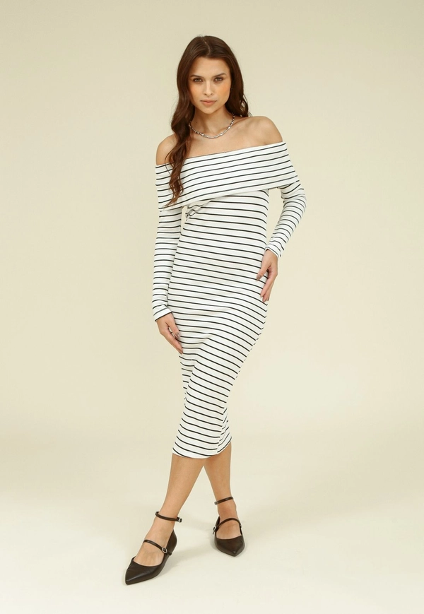 Vestido Midi Malha Ribana Listrada Manga Longa Ombro A Ombro