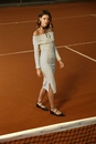 Vestido Midi Malha Ribana Listrada Manga Longa Ombro A Ombro