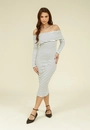 Vestido Midi Malha Ribana Listrada Manga Longa Ombro A Ombro