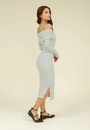 Vestido Midi Malha Ribana Listrada Manga Longa Ombro A Ombro
