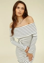 Vestido Midi Malha Ribana Listrada Manga Longa Ombro A Ombro