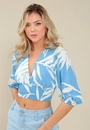 Blusa Cropped  Manga 7/8 Com  Lastex Em Viscose Folhagem Bicolor