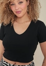 Blusa Cropped Malha Canelada Manga Curta E Decote V