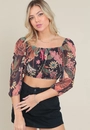 Blusa Cropped Em Tule Manga 3/4 Estampa Floresta Tropical