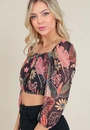 Blusa Cropped Em Tule Manga 3/4 Estampa Floresta Tropical