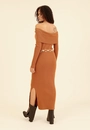 Vestido Midi Tricô Manga Longa Ombro A Ombro
