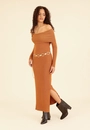 Vestido Midi Tricô Manga Longa Ombro A Ombro