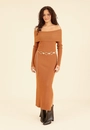 Vestido Midi Tricô Manga Longa Ombro A Ombro