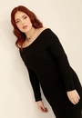 Vestido Midi Tricô Manga Longa Ombro A Ombro