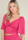 Blusa Cropped Malha Texturizada Manga 3/4 Transpasse No Busto
