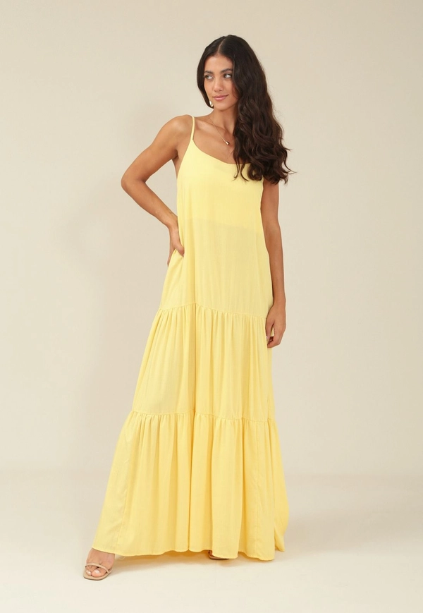 Vestido Longo Em Viscose Alça Com Recorte Saia